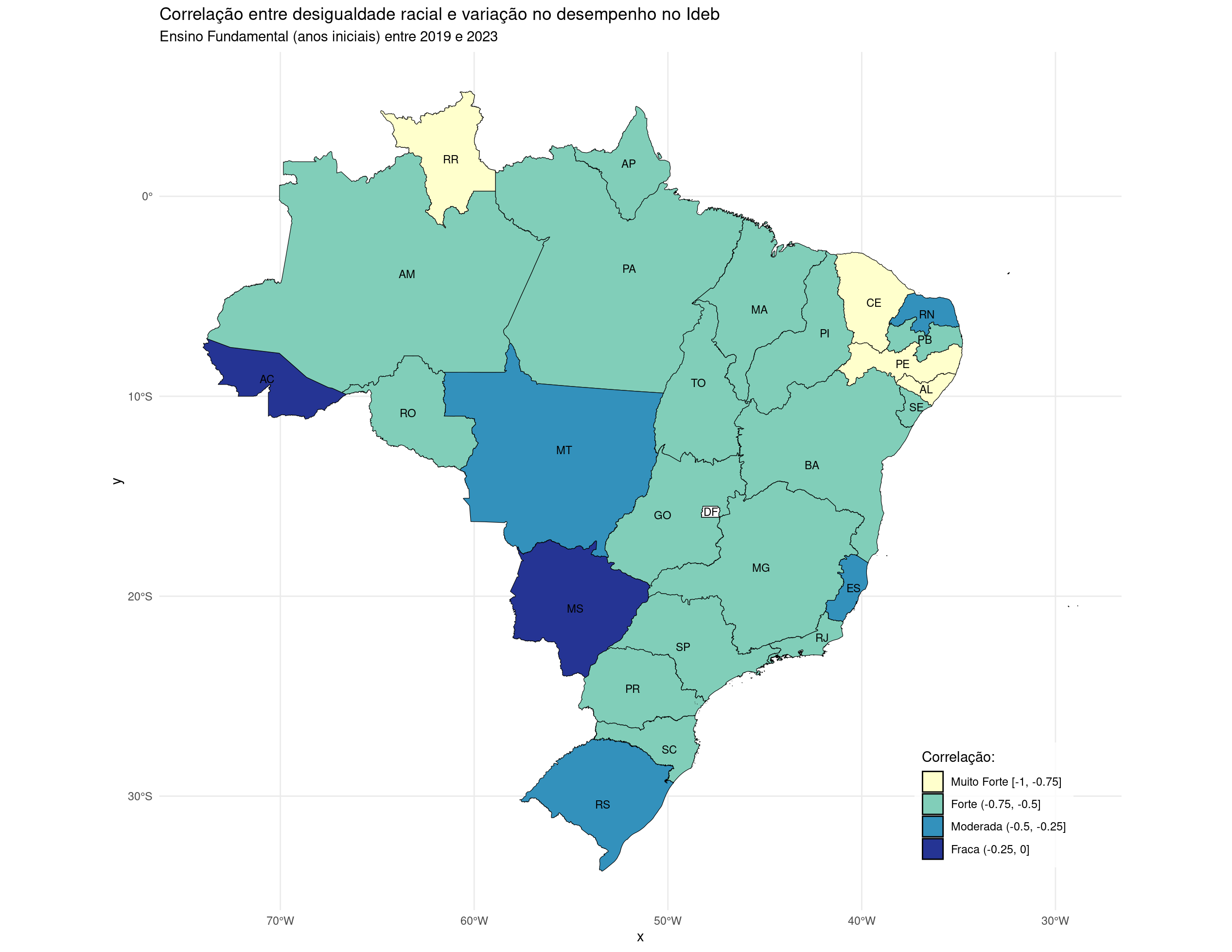 mapa do brasil dividido por estados mostra um pouco sobre a correlação entre desigualdade racial e variação do desempenho no Ideb