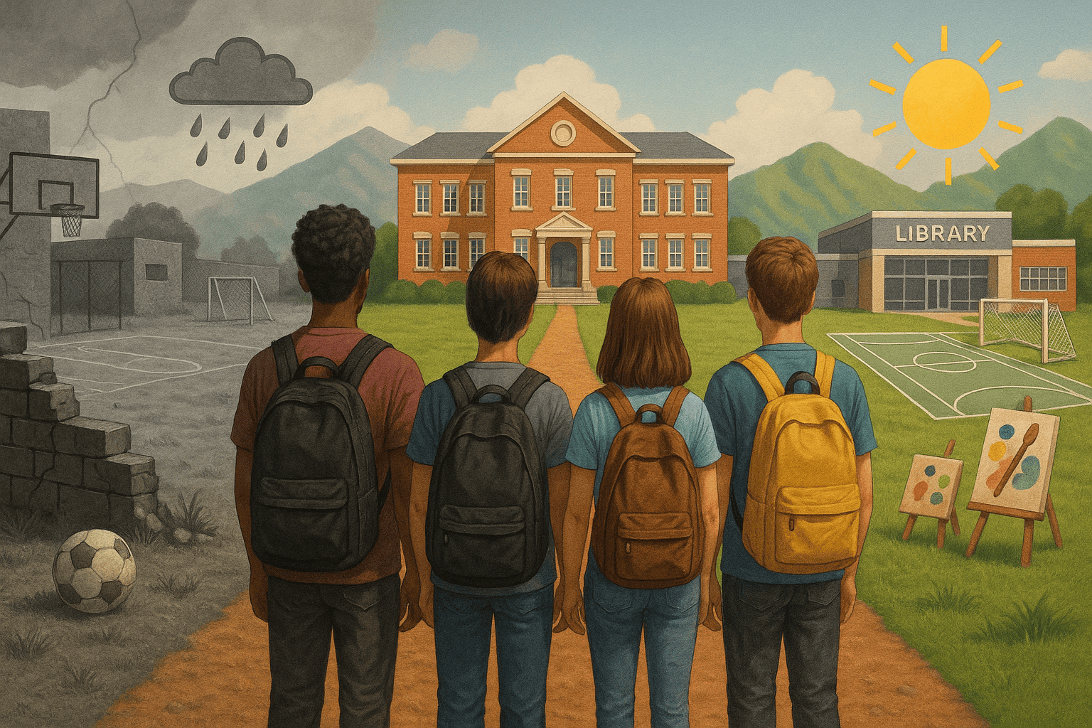 Imagem gerada por IA mostra alunos de costa olhando para a escola. Do lado direito o ceu azul, do lado esquerdo o céu cinza representando desafios e oportunidades